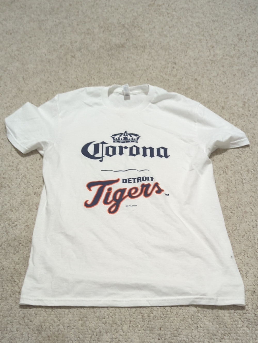 Corona White Tee with Navy and Orange Detroit Tigers Script
